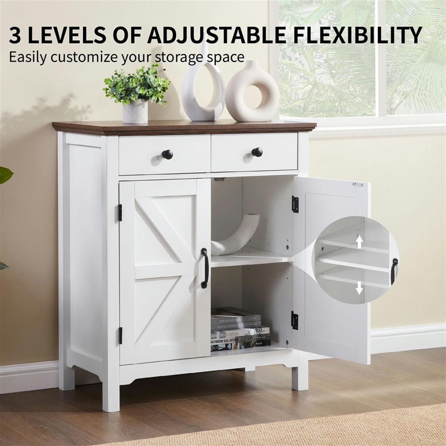 Demi Bonn Farmhouse Buffet Cabinet with Drawer and Adjustable Shelf, Storage Cabinet, Barn Door Accent Sideboard for Kitchen, Living Room, Entryway, White