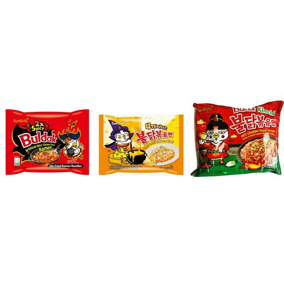 3 Packs Samyang Korean Artifical Spicy Chicken Stir Fried Ramen Roasted Noodles 3 Different Flavors (2x Spicy,Quattro Cheese,kimichi) Plus NineChef Brand Long Handle Coffee Spoon