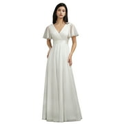 Romantic Short Sleeve Tulle Beige Ribbon Belt Wedding Dress for Women S Size