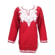 Mogul Women's Tunic Top Blouse Red Floral Embroidered Cotton Short Tunic L