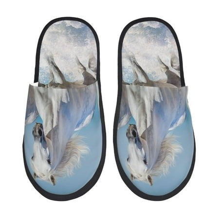 Balery Horses Running Through The Water Slient Indoor Furry Fleece Comfort House Shoes Soft Non-Slip Home Shoes Cotton slippers House Slippers-- Large