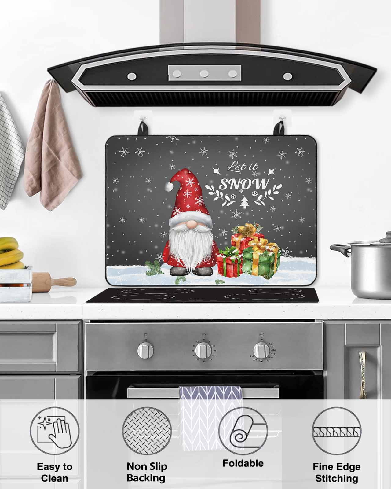 Large Induction Cooktop Protector Mat Black Christmas Gnomes Stove Top Covers for Electric Stove, Xmas Tree Balls Snowflake Decorative Stove Burner Cover Mats, Glass Top Stove Cover
