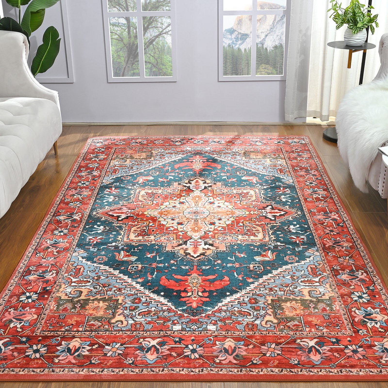 TWINNIS Bohemian Style Indoor Area Rug, Non-Slip Living Room Carpet, Red, 4' x 6'