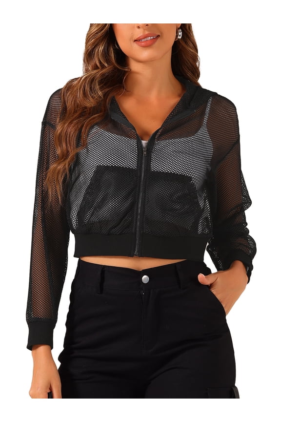 Women's Stylish Zip Up Cropped Mesh Hoodie Jacket for Wear and Workouts M Black