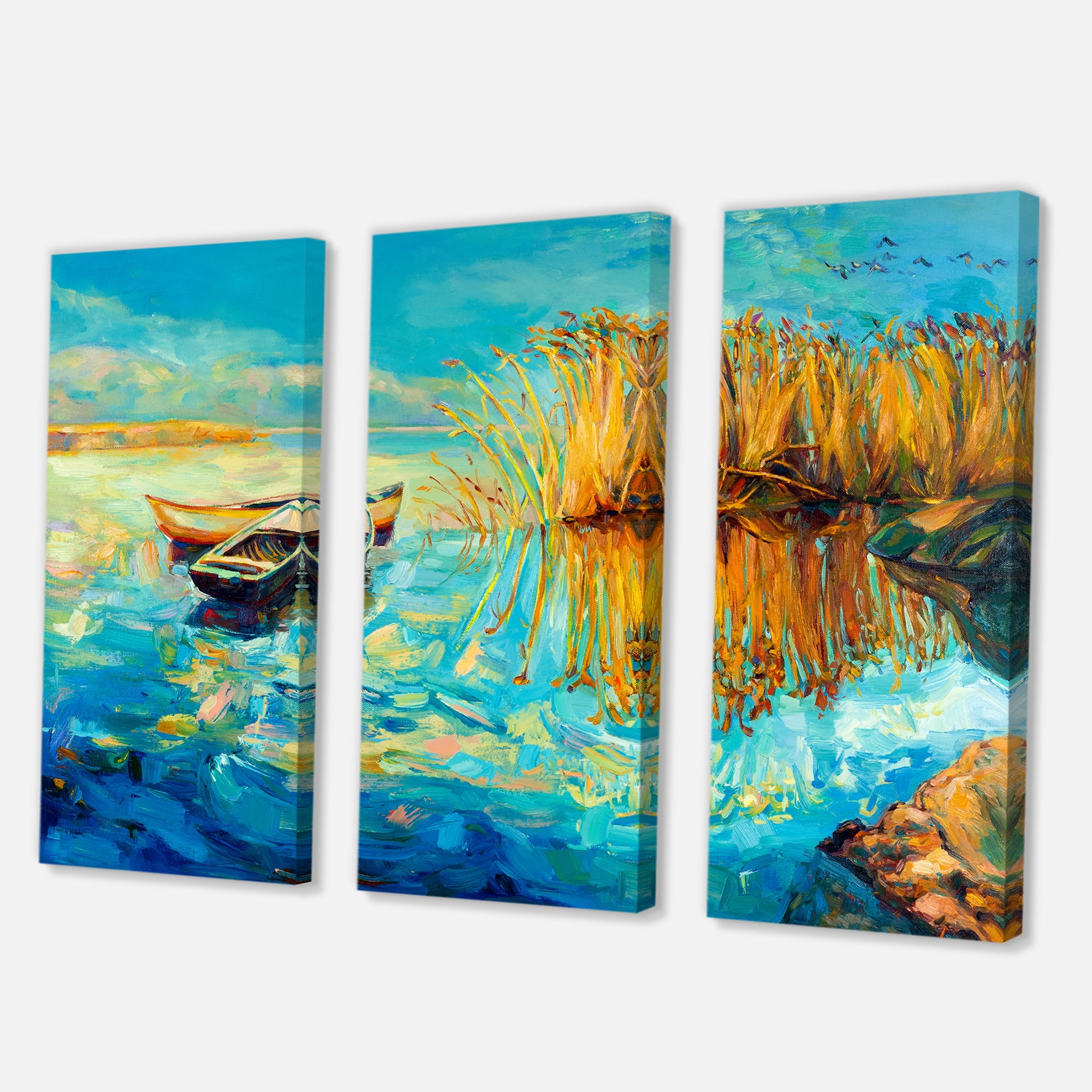 Designart ' Orange Trees With Turquoise Lake During Sunset ' Nautical & Coastal Canvas Wall Art Print