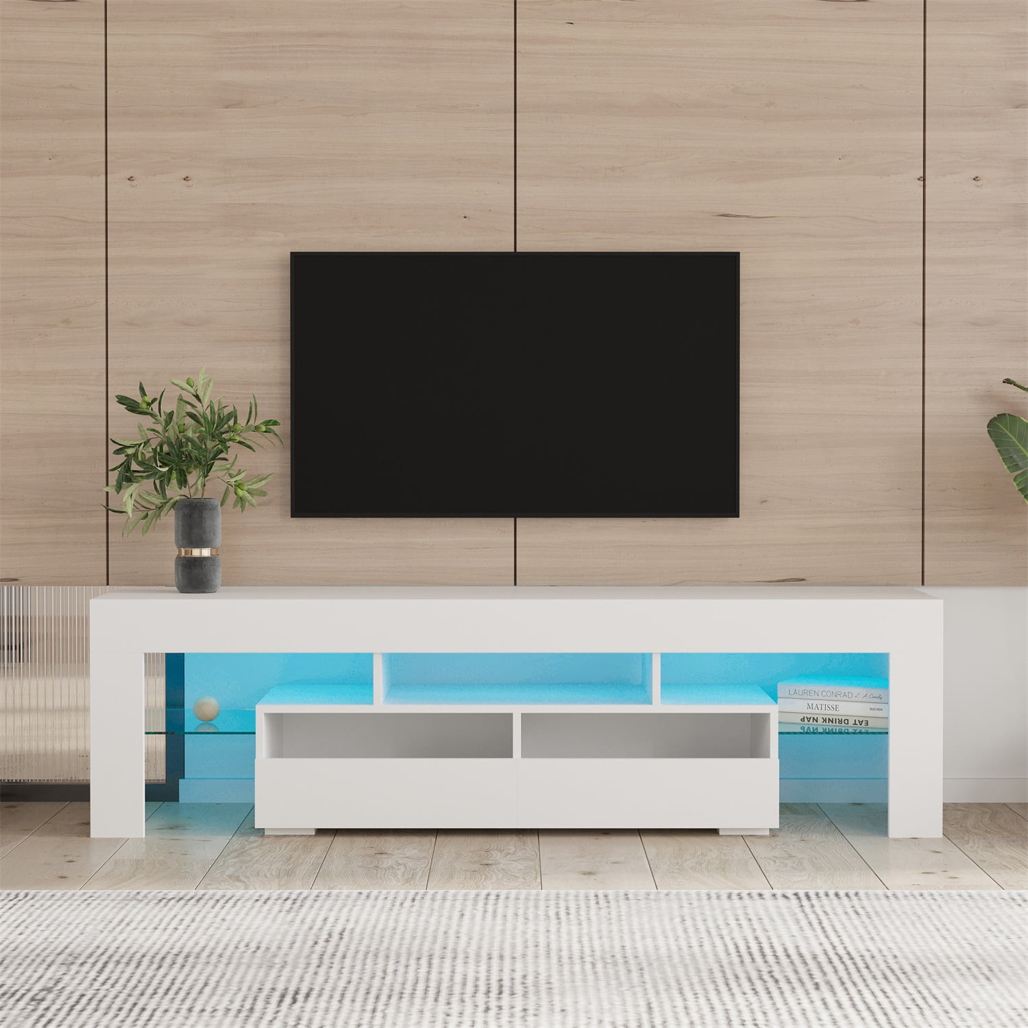 Kadyn LED Light TV Stand with Remote, Living Room Entertainment Center TV Stand with 2 Drawers & 2 Open Shelves, Particle Board TV Stand Cabinet with 20-color RGB LED lights, White Kadyn LED Light TV Stand with Remote, Living Room Entertainment Center TV Stand with 2 Drawers & 2 Open Shelves, Particle Board TV Stand Cabinet with 20-color RGB LED lights, White