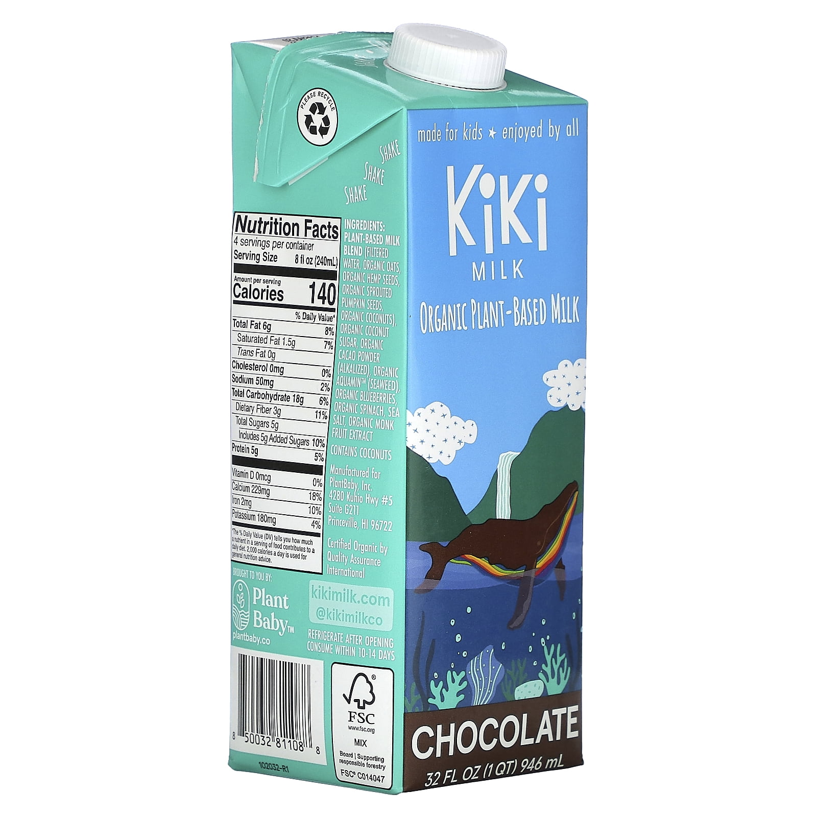 Kiki Milk Organic Plant-Based Chocolate Milk, 32 fl oz, USDA