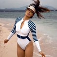 thumbnail image 4 of Traje de surf de manga larga para mujer, traje de baño a rayas, traje de buceo, traje de baño de colores empalmados, 4 of 4