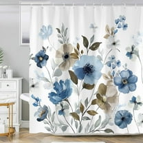 Watercolor Floral Bathroom Shower Curtains, Blue and Tan Flowers Ink Botanical Bathroom Decor Shower Curtain Set, Waterproof Polyester Fabric Bathroom Curtain with 12 Hooks, 72 x 72 inch