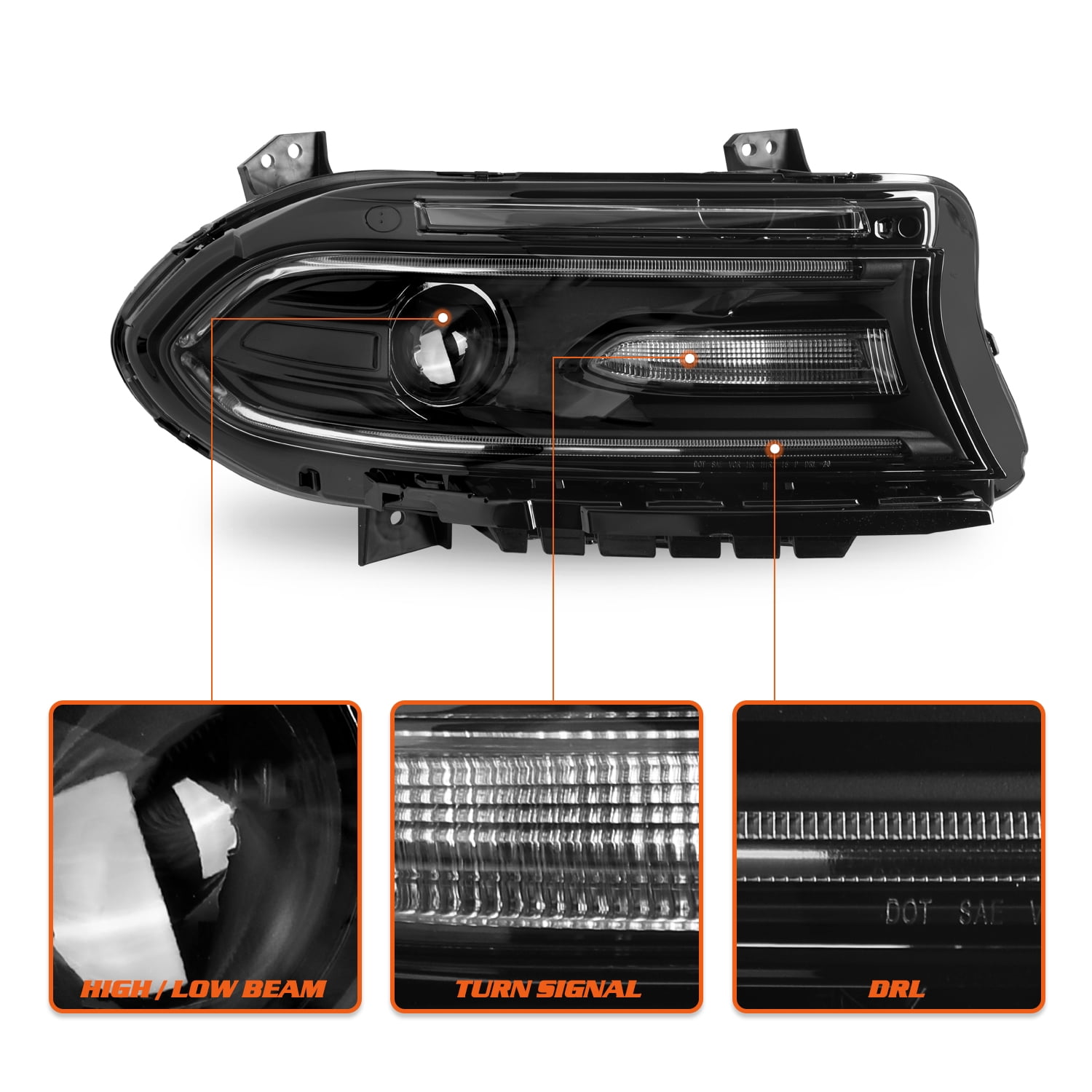 Passenger Side W/Bulbs For 2015-2020 Dodge Charger Headlight Halogen W/ LED DRL