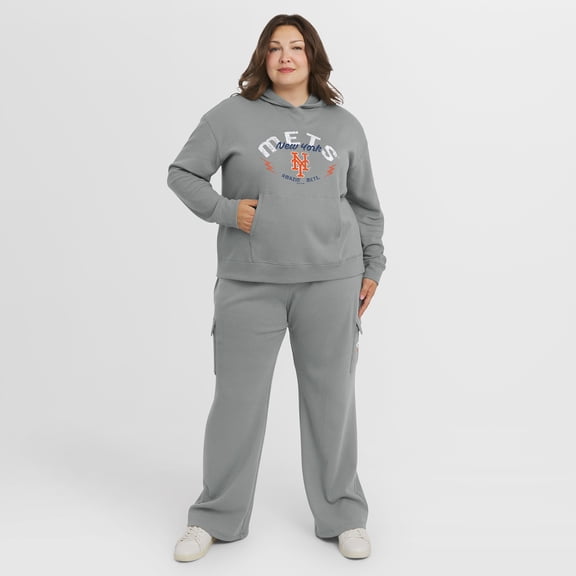 Women's WEAR by Erin Andrews Gray New York Mets Plus Size Waffle-Knit Long-Sleeve Hoodie & Lounge Pant Set