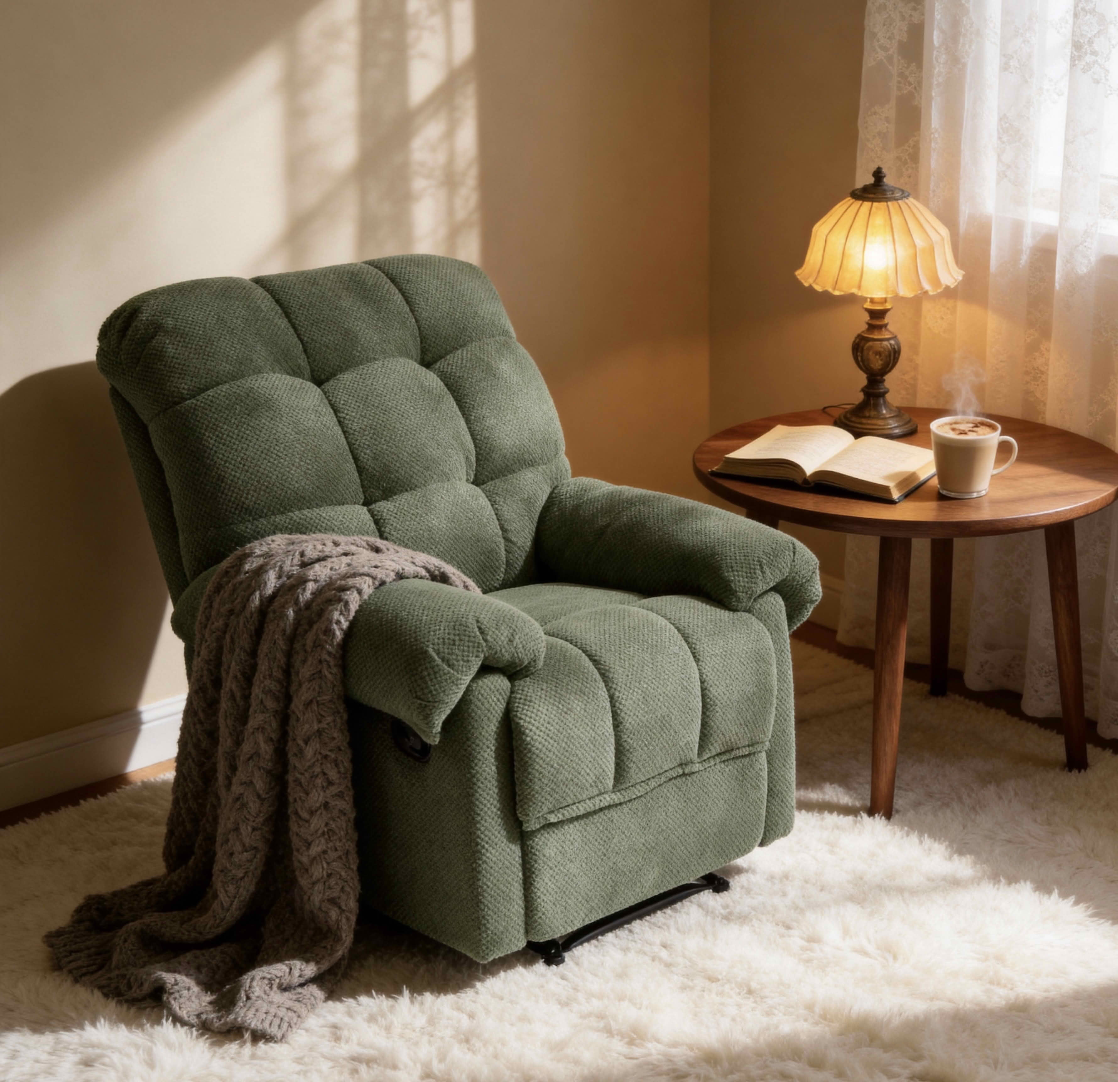 MAYEERTY 39 In Manual Recliner, Overstuffed Fabric Armchair, 160 Degree Recline, Army Green, 300 lb