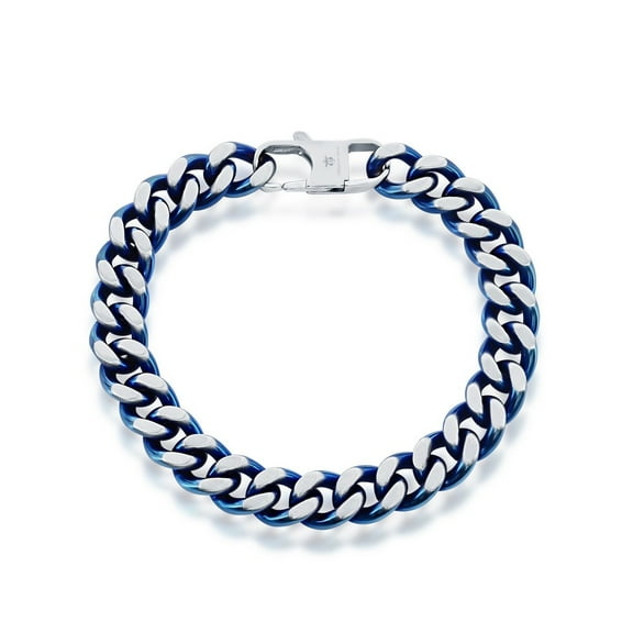 TheJewelryHut Designer Sterling Steel 10.5mm Cuban Chain Bracelet - Brushed & Blue IP Plated