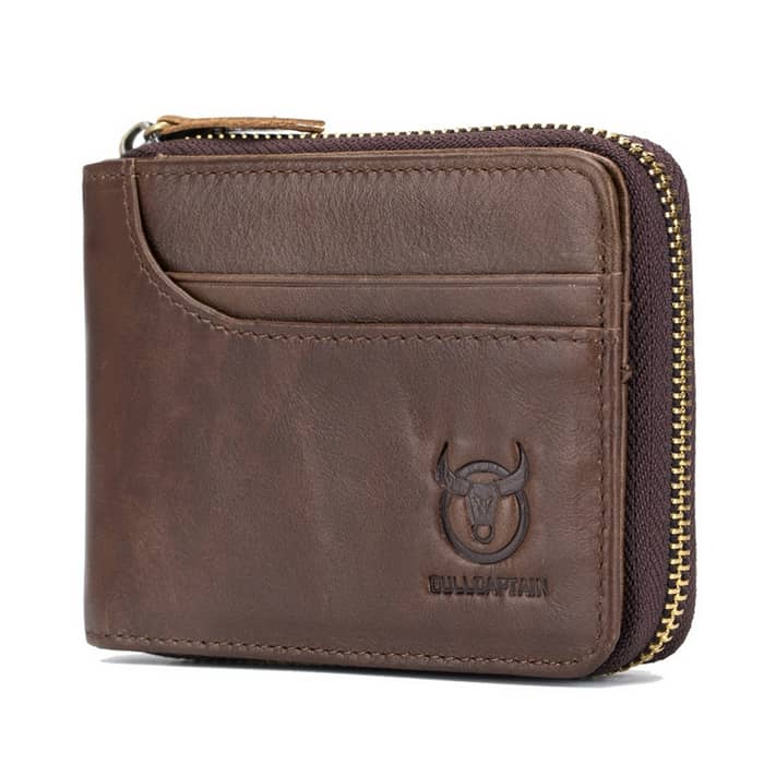 BULLCAPTAIN Genuine Leather Bifold Zipper Wallet for Men RFID Travel ...