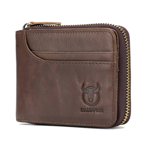 BULLCAPTAIN Genuine Leather Bifold Zipper Wallet for Men RFID Travel ...
