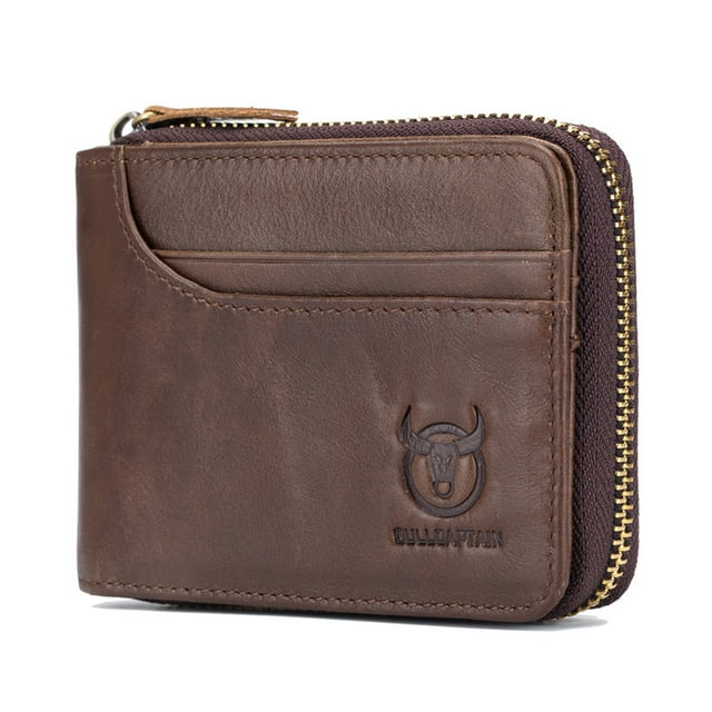 BULLCAPTAIN Genuine Leather Bifold Zipper Wallet for Men RFID Travel Purse Pouch