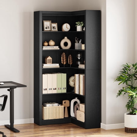 72" Tall Corner Bookshelf, 5-Tier Farmhouse L-Shaped Bookcase with 300 lbs Capacity, Heavy Duty Corner Display Shelf for Living Room, Bedroom and Office, Black
