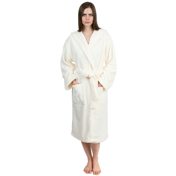 TowelSelections Women's Robe Soft Plush Fleece Hooded Spa Bathrobe Medium/Large Ivory