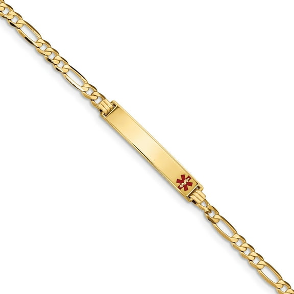 14K Medical Red Enamel Flat Figaro Link ID Bracelet in 14k Yellow Gold