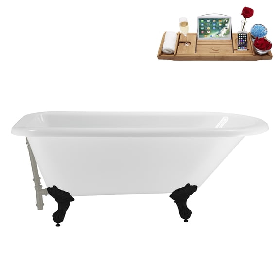 62" Streamline N4840BL-BGM Soaking Clawfoot Tub and Tray With External Drain in Brushed Gun Metal and Matte Black Clawfeet