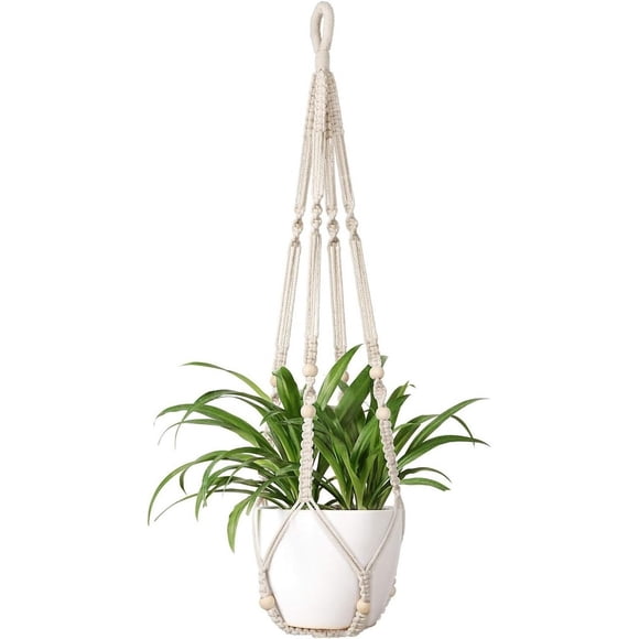 Mkono Macrame Plant Hanger 35" Ivory Hanging Planter Holder w/ Wood Beads