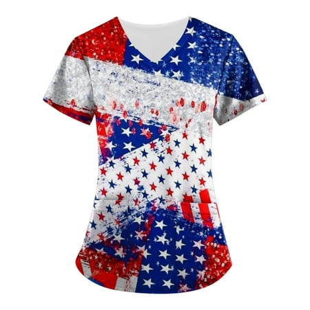

Mlqidk Scrubs_ Tops for Women American Flag Print Scrub Shirt Tops Short Sleeve V Neck Pocket Working Uniform 4th Of July Workwear White M
