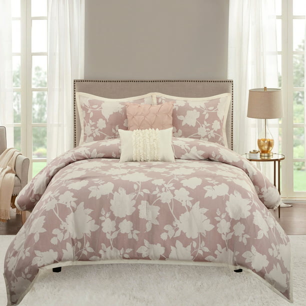 Lanco Floral Print 5 Piece Comforter Set, Blush, Queen, Floral, 100% ...