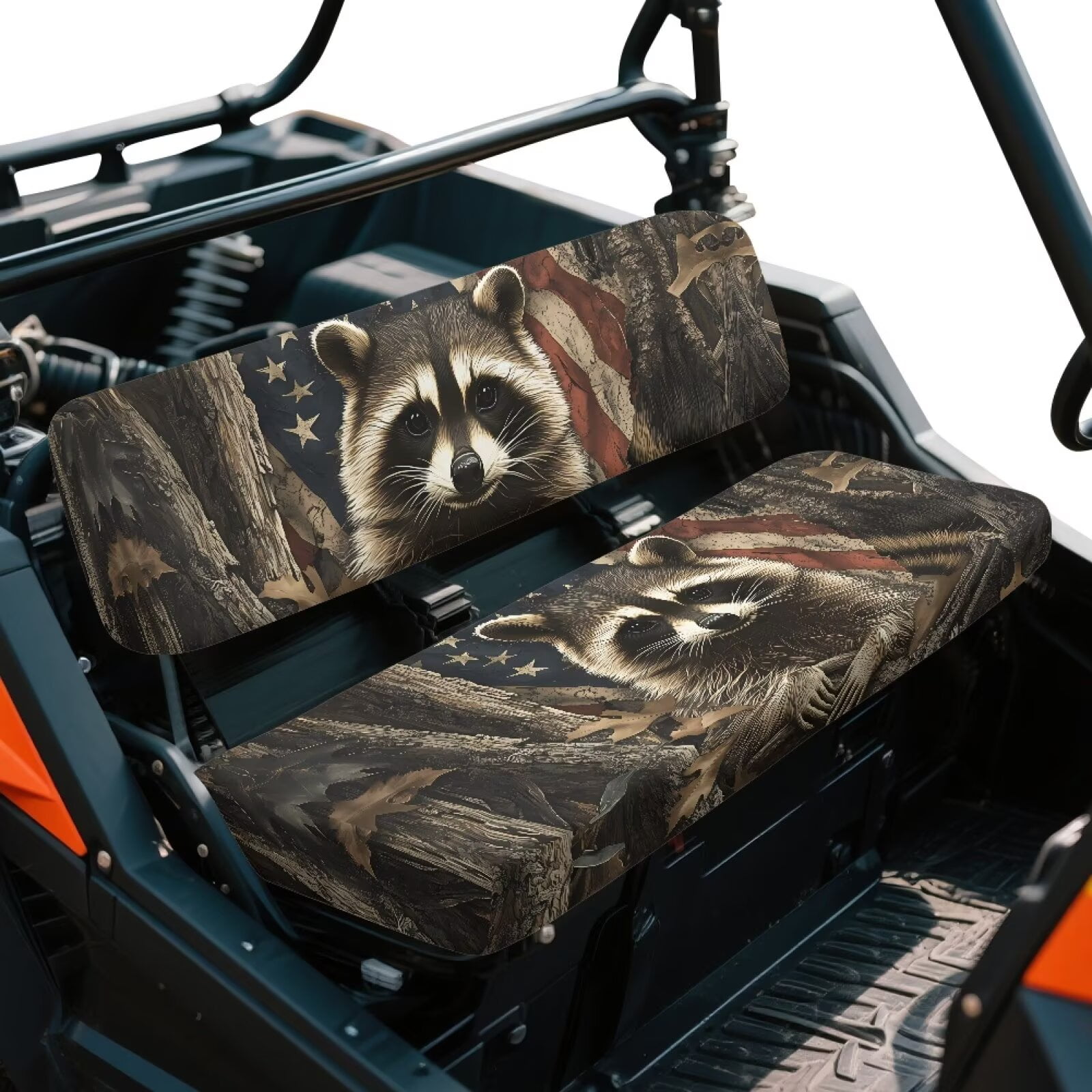 Uorisanigo UTV Seat Cover for Kawasaki Mule 4010 4x4 2009-2025, Non-Slip Mule Front Bench Seat Cover with Elastic Band, American Flag Camo Raccoon Hunter UTV Seats Accessories