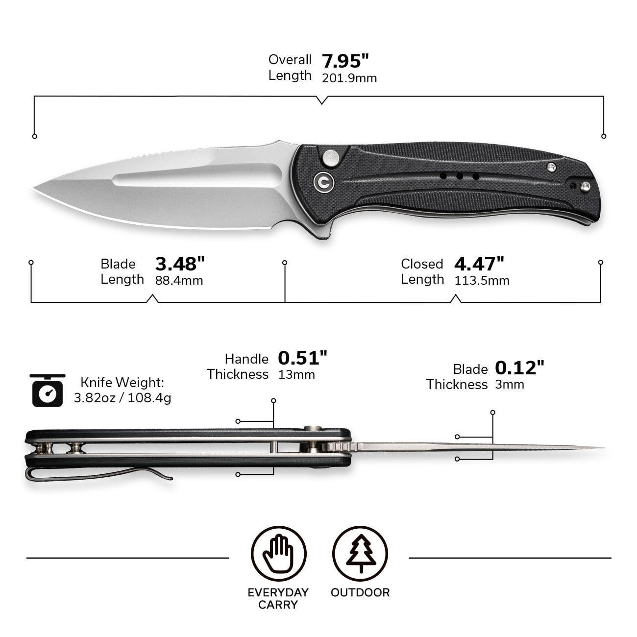 CIVIVI Incindie Pocket Folding Knife with 3.48" 14C28N Blade G10 Handle C23053-3, Black