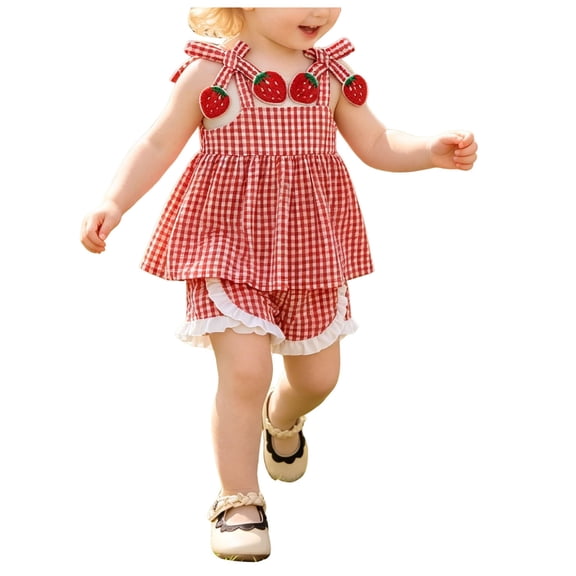 VUHXZWAF Summer Outfits Girls Fashion Lace Up Plaid Sleeveless Shirt and Ruffled Shorts Set Size 0-6 Months