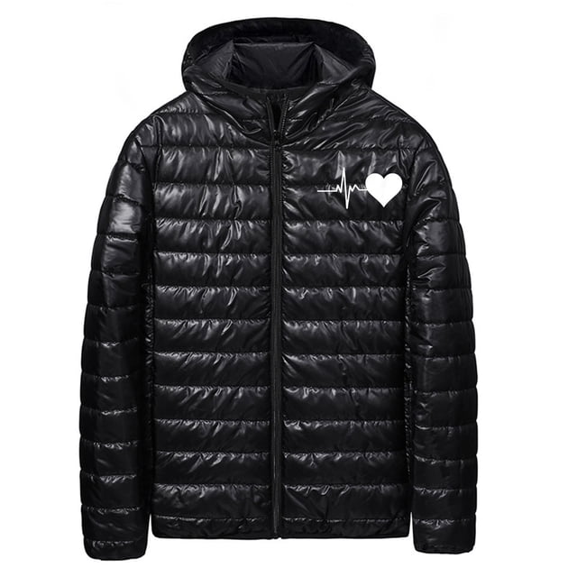 aohooy Puffer Jacket Men Lightweight Packable Quilted Jackets Heart Print Hooded Bubble Winter Down Coat Insulated Outwear Black,XXXXXL