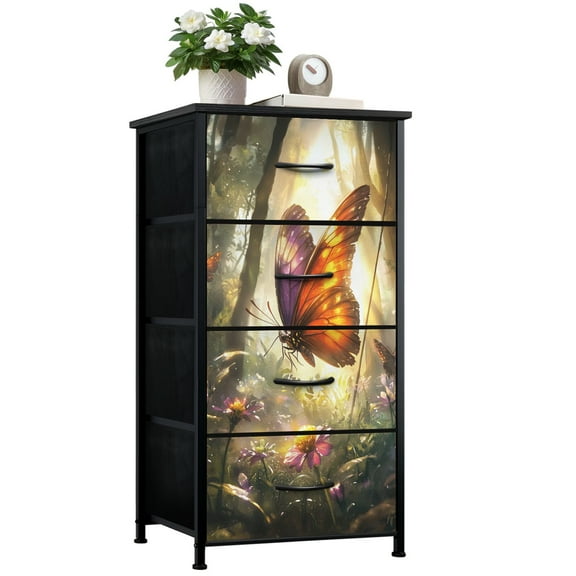 Boho Dresser for Bedroom with 4 Storage Drawers Magical Butterfly Painting Dewy Wildflower Forest Dressers Chest of Drawers Steel Framed Fabric Closet Organizers for Entryway
