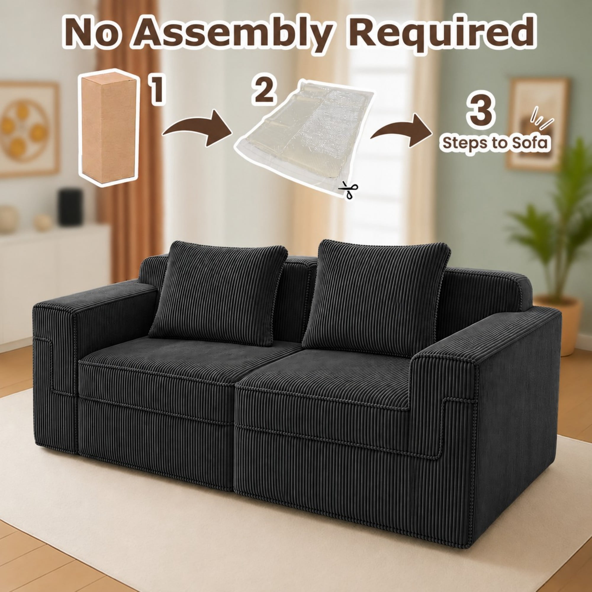 DEALTOPS 81" Modern Corduroy Floor Sofa, Modular 2-Seater Cloud Couch with Deep Seats & 2 Pillows, Black