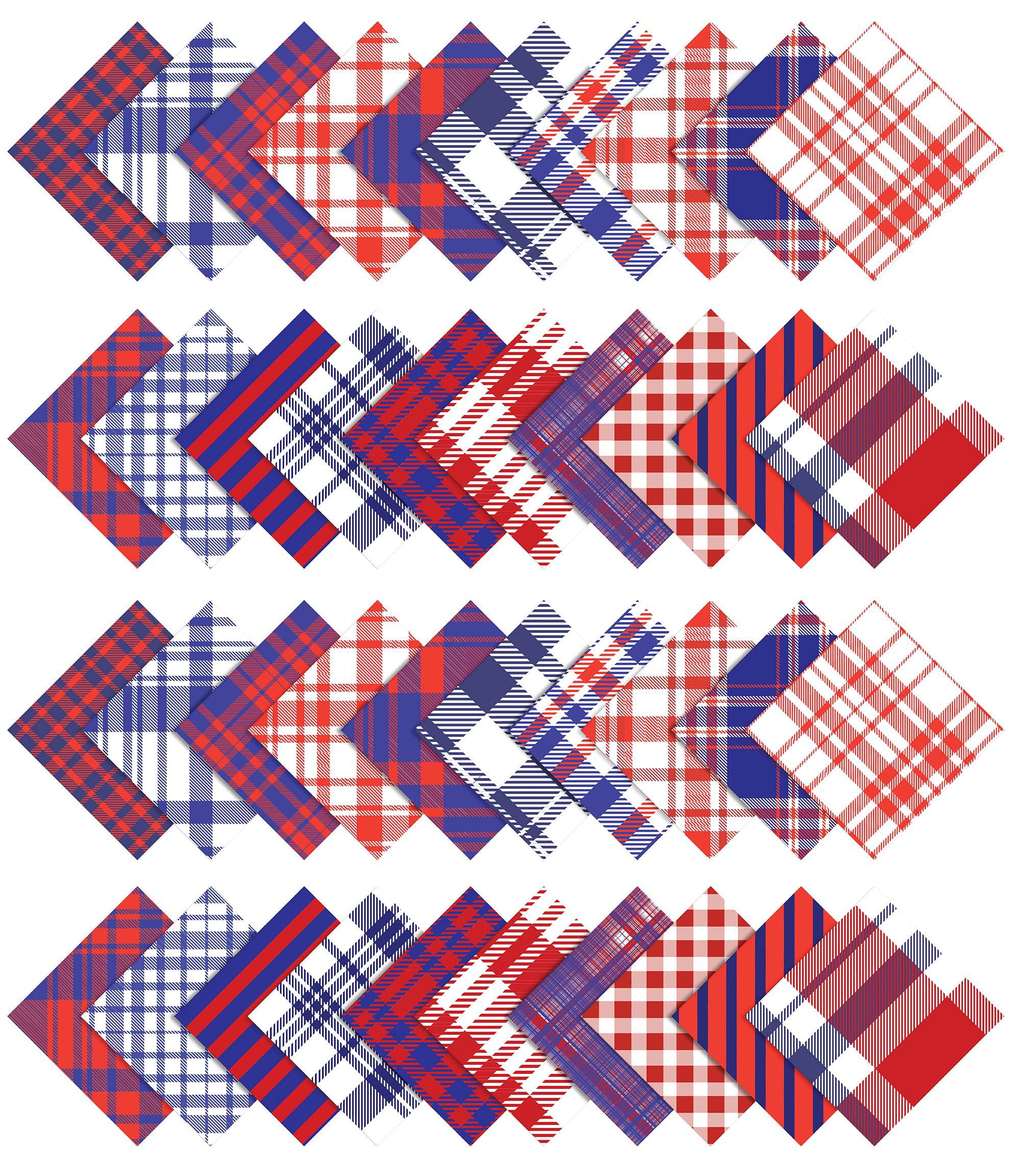 Soimoi 40Pcs Check & Tartan Print Precut Fabrics Strips Roll Up 1.5x42inches Cotton Jelly Rolls For Quilting - Red, Blue & White