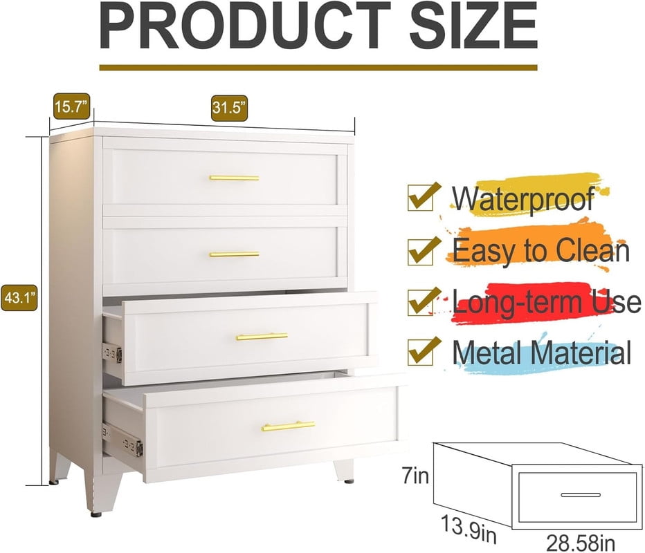Metal 4 Dresser Chest of Drawers for Bedroom Black White