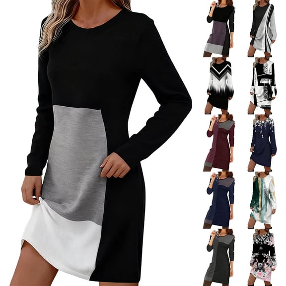 CAIXIA Womens Long Sleeve Dresses Casual Fall Sweater Dress Work Winter Fashion 2026 Crew Neck Clothes,Grey