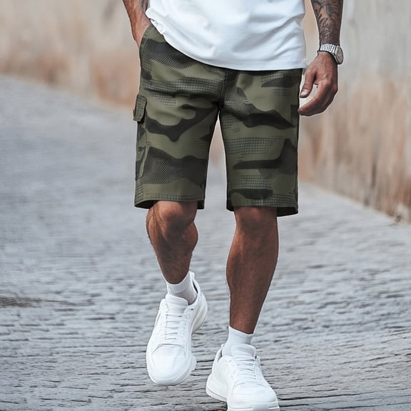 HOWPAY Men's Cargo Shorts Casual Relaxed Fit Elastic Waist Cargo Pants Camo Print Multi Pockets Outdoor Lightweight Hiking Shorts Army Green L