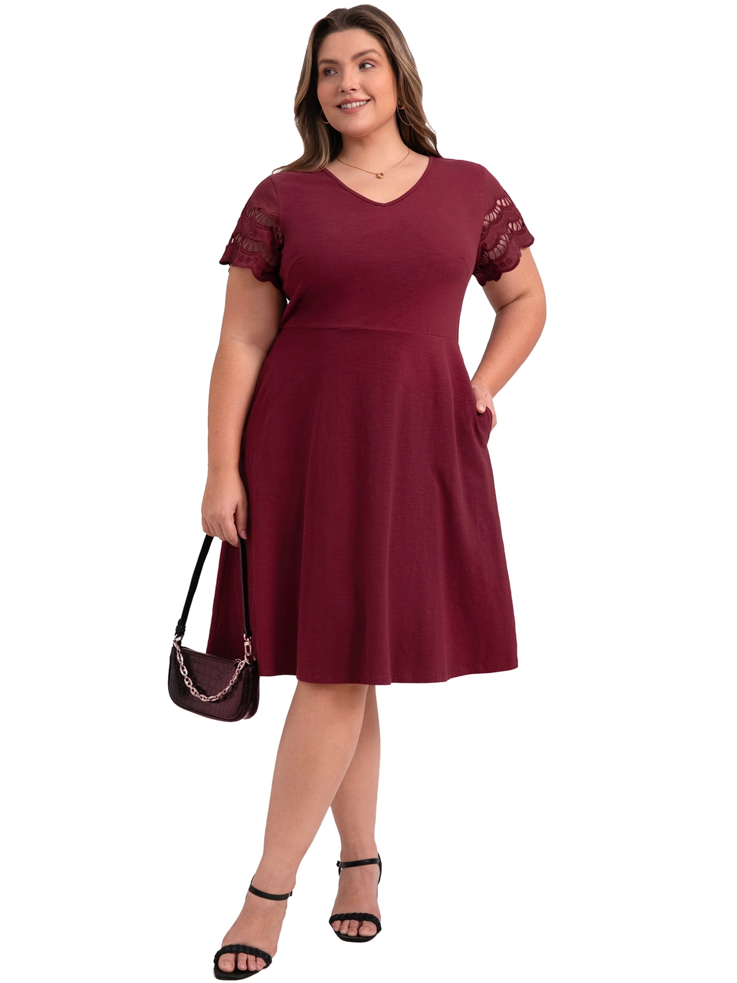 DARING DIVA Plus Size V Neck Hollow Eyelet Details Dress 3X Burgundy