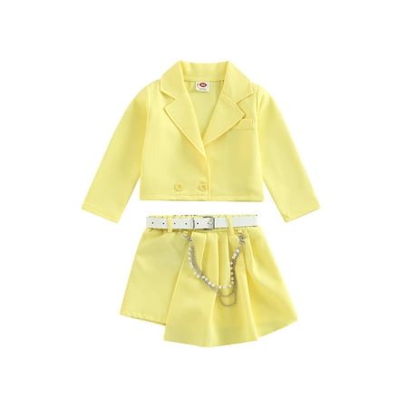 

Canrulo 4PCS Toddler Baby Girl Lapel Long Sleeve Button Jacket Coats + Irregular Pleated Shorts with Belt and Chain Outfits Yellow 4-5 Years