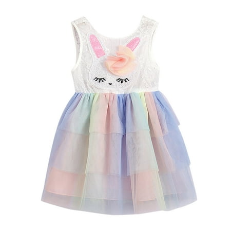 

Zlekejiko Kids Toddler Baby Girls Sleeveless Lacy Patchwork Cute Cartoon Tulle Dress Princess Dress Outfits