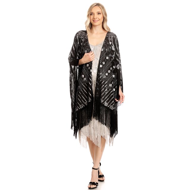 Châle de Soirée pour Femmes, Surdimensionné, à Perles, à Franges et à Paillettes