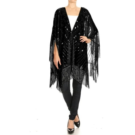 Womens Beaded Embroidered Shawl - Fashion Womens Oversized Hand Beaded and Sequin Evening Shawl Wrap with Fringe