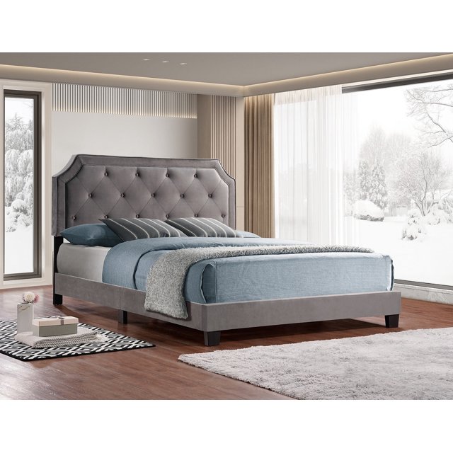 Lit Plateforme en Velours Gris DiamondLux - Grand Lit