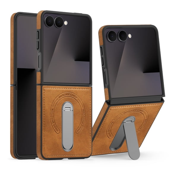 ELEHOLD Leather Magnetic Case for Samsung Galaxy Z Flip 7 [Compatible with Mag-safe Wireless Charging] Shockproof Slim Grip Magnetic Fodable Stand Phone Case , Brown