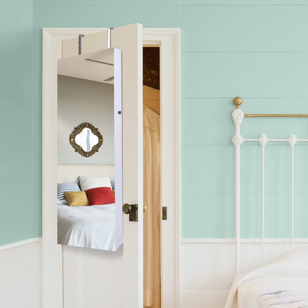 Kepooman 8-Layer Wall Mounted Acrylic Storage Mirror Cabinet, Modern Lockable Jewelry Armoire for Earrings Necklaces, White Kepooman 8-Layer Wall Mounted Acrylic Storage Mirror Cabinet, Modern Lockable Jewelry Armoire for Earrings Necklaces, White