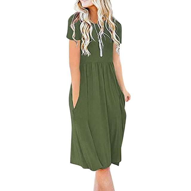 LOVZFMLL Mode Femmes Décontracté Femmes Manches Courtes Col Rond Poches Uni Robe pour Dames Vert TG
