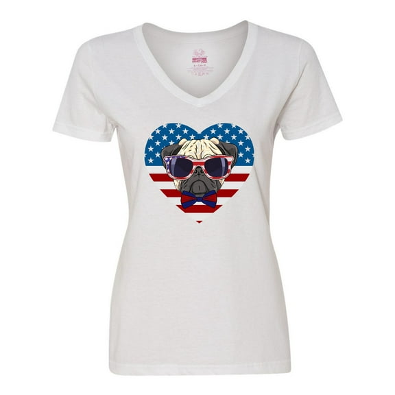 Inktastic Pug Dog Patriotic US Flag Heart Women's V-Neck T-Shirt