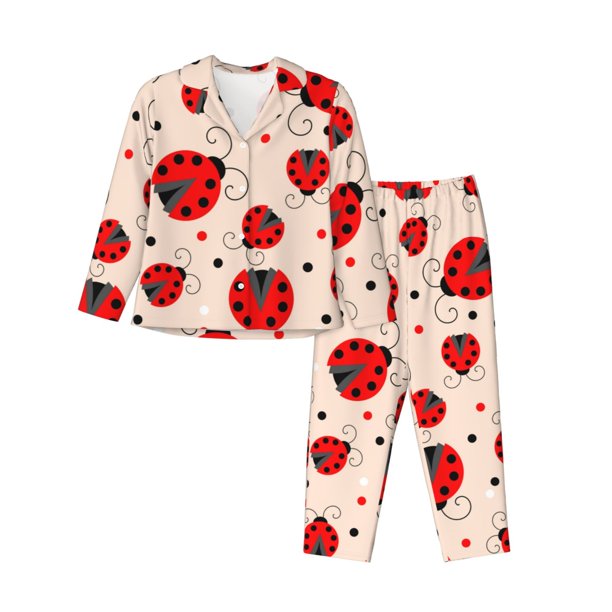 Balery Red Ladybug Conjunto de Pijama con Estampado para Mujer, Conjunto de Dos Piezas con Manga Larga, Ropa de Dormir Suave con Bolsillos, Pijamas Cómodos-Large