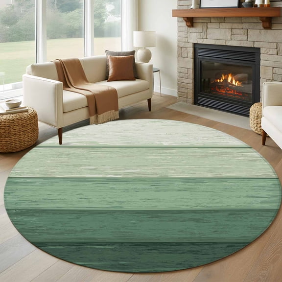 Turquoise Ombre Round Area Rug 6 FT, Non Slip Bedroom Area Rug, Farmhouse Vintage Wooden Striped Washable Soft Circular Carpet Non-Shedding Floor Mat for Kitchen Dining Room Home Office Kids Room
