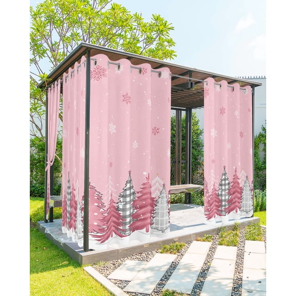 Outdoor Curtains for Patio, Christmas, Waterproof Blackout Outside Curtain for Porch/Pergola/Gazebo, Blush Pink Buffalo Pine Tree Plaid Dot Thermal Insulated Drapes for Cabana, 1 Panel, 54 x 84 Inch